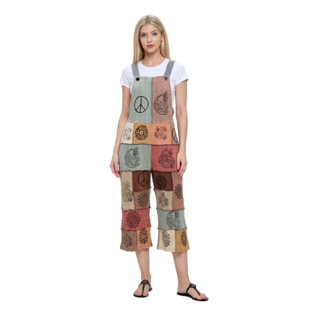 24510 M Yak & Yeti Overall Boho Patchwork Art Handprinted Midi Var Sizes